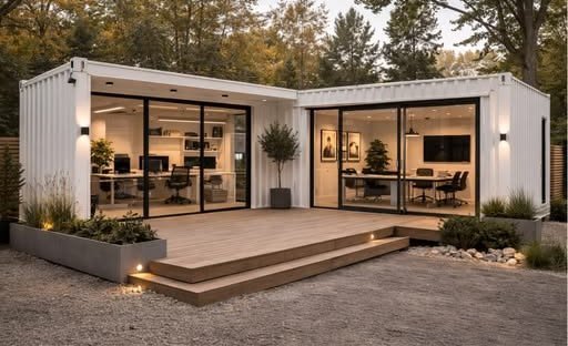 The Atelier L-shaped white container studio and office with a wood deck