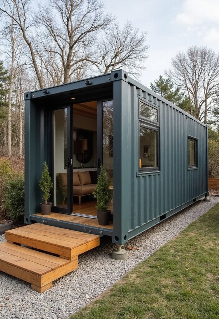 The Horizon container home with glass doors and a gravel patio