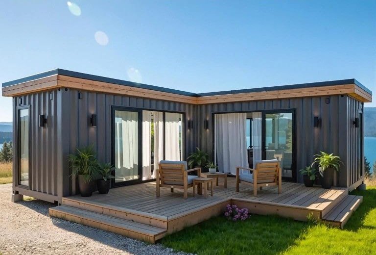 The Lakeview L-shaped grey container home with a deck overlooking a lake