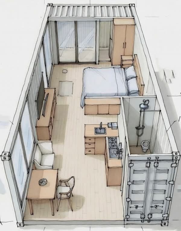 Interior layout sketch of a 40-foot container home
