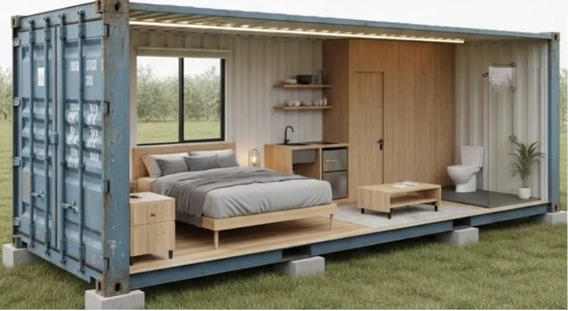 The Nest Studio, a 20-foot container studio with bed, kitchenette and bathroom