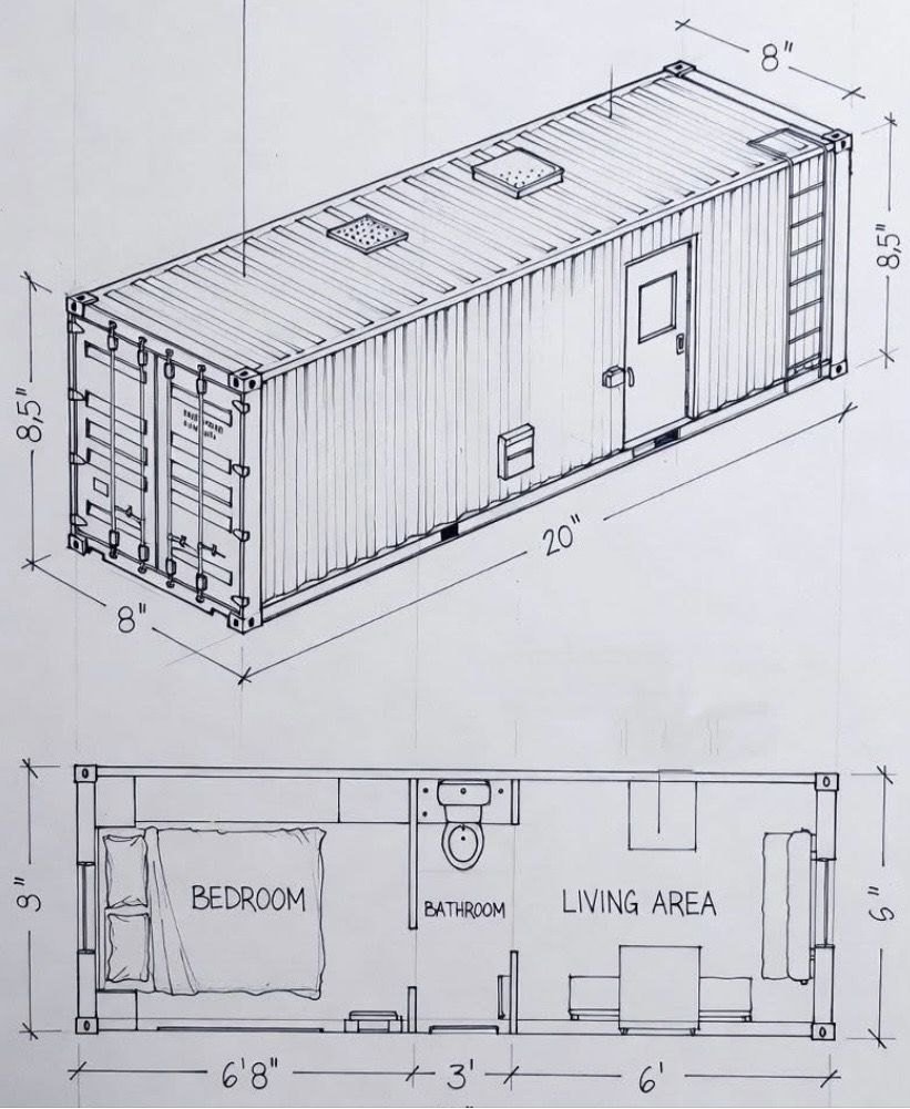 Dimensioned plan and layout for a 20-foot container studio