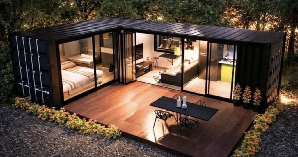 The Ridge L-shaped container home at night with a wraparound deck