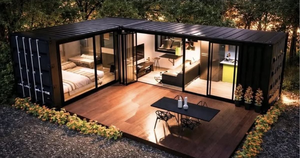 The Ridge L-shaped container home at night with a wraparound deck